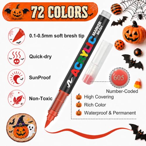 Image of Amamao Acrylic Paint Markers, Soft Brush Tip and Paint Markers, Acrylic Paint Pens for Wood, Stone, Canvas, Glass, Fabric, Egg, Rock Painting and Craft Supplies, 72 Colors