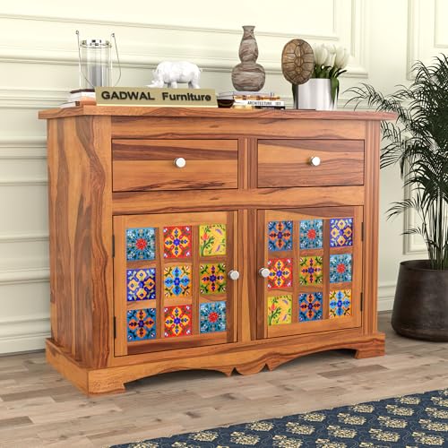 Image of Solid Wood 2 Drawer and 2 Door Chest of Drawer & Sideboard Storage Cabinet for Living Room Bedroom Kitchen Home (Adolph, Honey Finish)