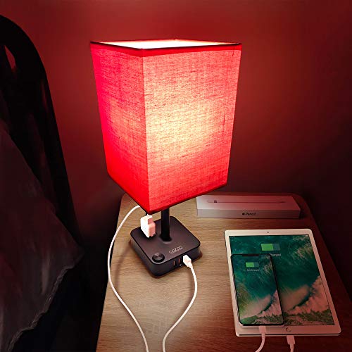 COZOO USB Bedside Table & Desk Lamp with 3 USB Charging Ports and 2 Outlets Power Strip,Square Black Charger Base with Linen Red Fabric Shade, LED Light for Bedroom/Nightstand/Living Room?Red-Large?