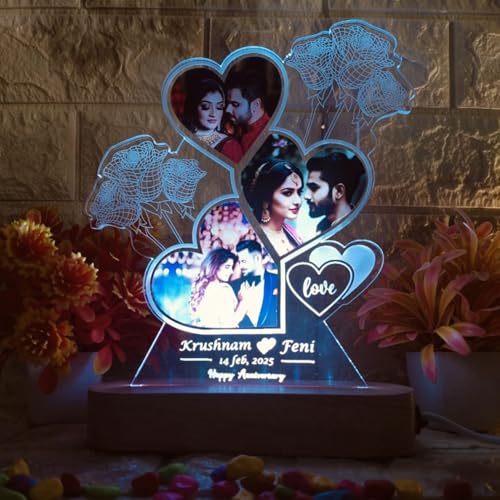 Image of Personalized LED Heart-Shaped Acrylic Photo with Custom Name & Date - Romantic Anniversary Gift for Couples - Unique Love Night Lamp with Rose Design - Customizable for Valentine's, Weddings