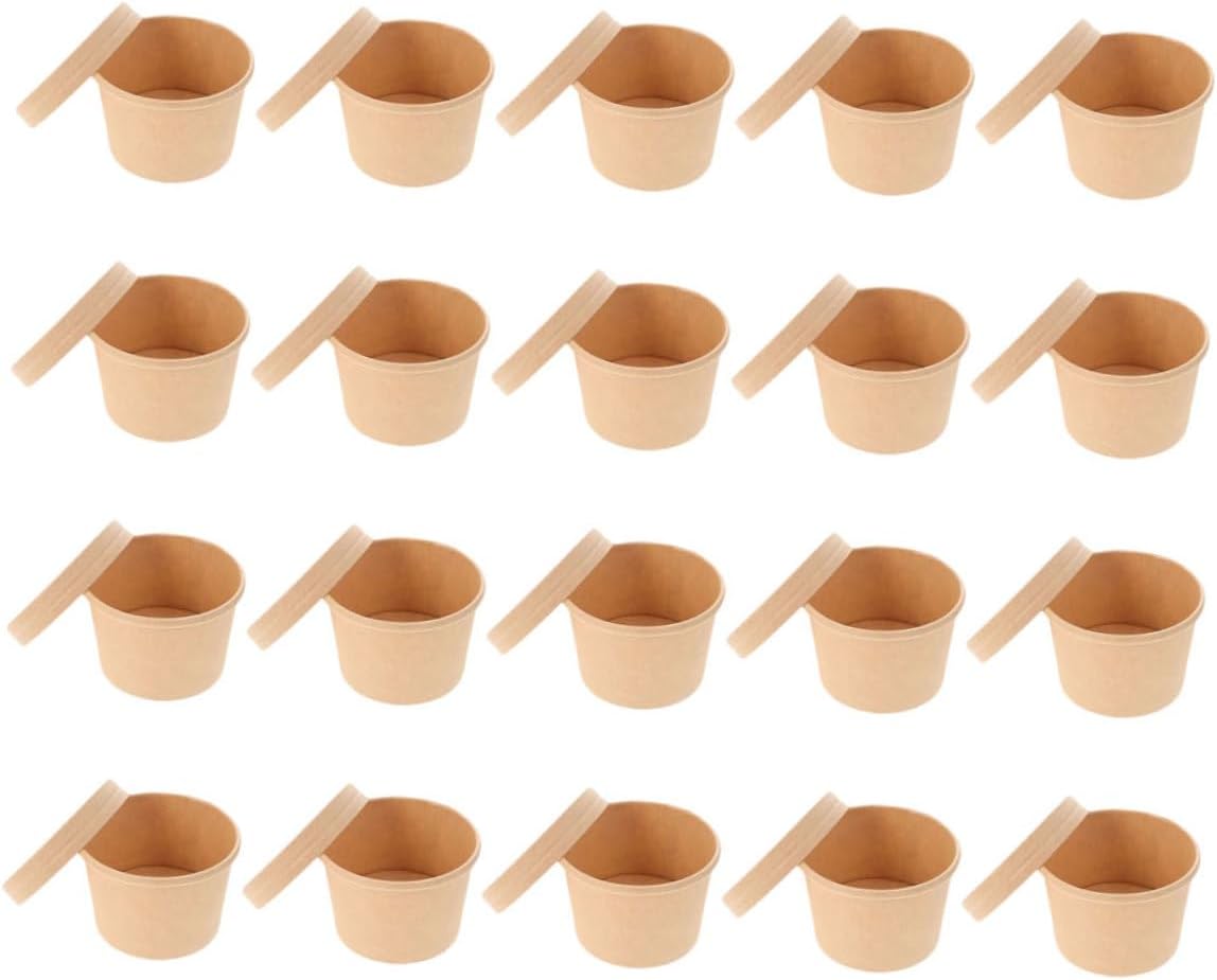 PRETYZOOM 50pcs 8oz Kraft Paper Soup Bowls with Lids Disposable Ice Cream Cups for Takeout Food Service and Dessert Containers