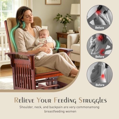 Image of Solid Wood Glider Rocking Chair with Ottoman, Cushion Set, Dark Coffee