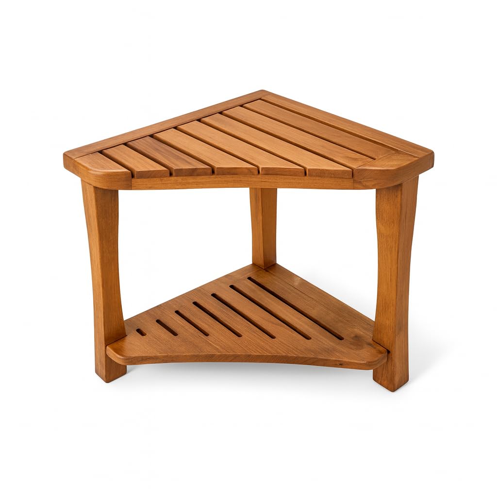 Banco de ducha de teca para ducha interior, taburete de ducha de madera maciza de teca 100% grado A, asiento de baño de madera impermeable con estante de almacenamiento, silla de spa antideslizante
