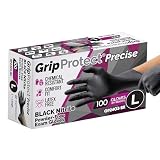 GripProtect Precise Black Nitrile Gloves 4 Mil – Chemical Resistant Nitrile Gloves with Textured Grip for Mechanics, Tattoos, Food Prep & Cleaning - Medical Grade Disposable Gloves, Large, 100