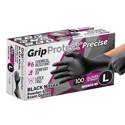 Image of GripProtect Precise Black Nitrile Gloves 4 Mil, Chemical Resistant Gloves | Large Textured Grip for Mechanics, Tattoos, Food Prep & Cleaning - Medical Grade Disposable Gloves