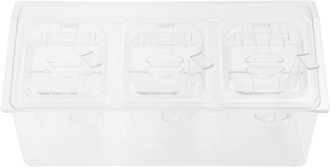 Ice Chilled Condiment Caddy with 3 Compartments, 6" 1/6 Food Pan & Lid Condiment Server, Clear Condiment Organizer for Private Pitchens, Restaurants, Buffets, Parties