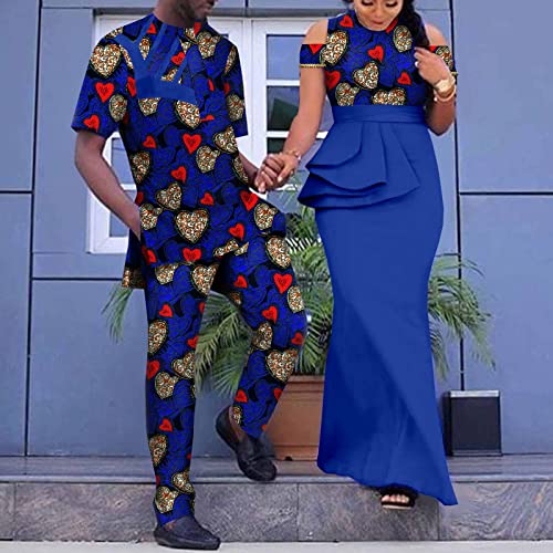 African Print Dresses for Women Match Men Ankara Outfits Top and Pants Sets Bazin Riche African Couple Clothes Party2
