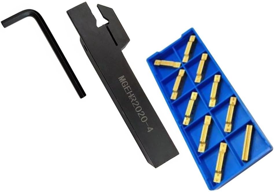 20mm Right-Hand MGEHR2020-4 Lathe Cut-Off Tool Holder with 10× MGMN400-M Carbide Inserts, 4mm Grooving, for Steel/Stainless Steel/Cast Iron Turning