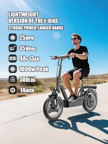 Electric Scooter for Adults, 1000W Peak Motor, 35 Miles of Range Scooter with Seat, 25 MPH Top Speed, 48V 13Ah Battery, Dual Suspension, Foldable E-Scooter with Rear Basket for Cargo, Commuting - Image 3