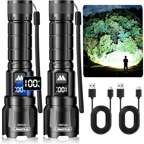 Wdtpro LED Rechargeable Flashlight 2Pack, 3Modes Super Bright High Lumens Flashlights, Zoomable Tactical Flashlight with LCD Display, IP65 Waterproof Flashlights for Home Emergency Camping & Gifts Men