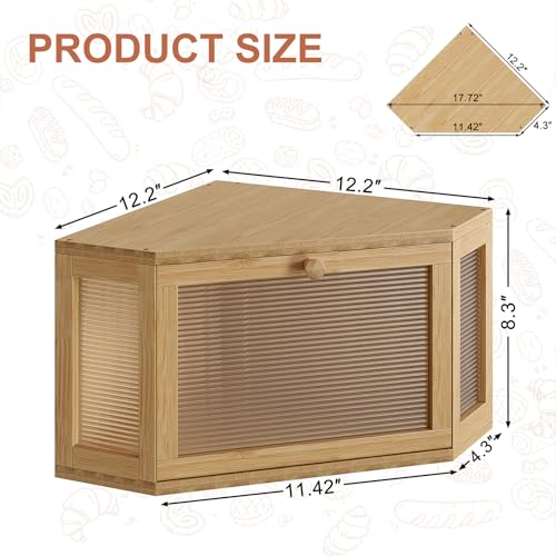 Image of WOWLIVE Corner Bread Box for Kitchen Countertop, Bamboo Bread Storage Container, Large Farmhouse Bread Holder with Acrylic Wavy Door Panel, Multi-functional Container, Natural
