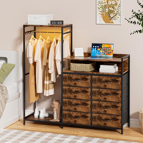 8 Drawer Dresser with Clothes Rack, 58" Tall Dresser with