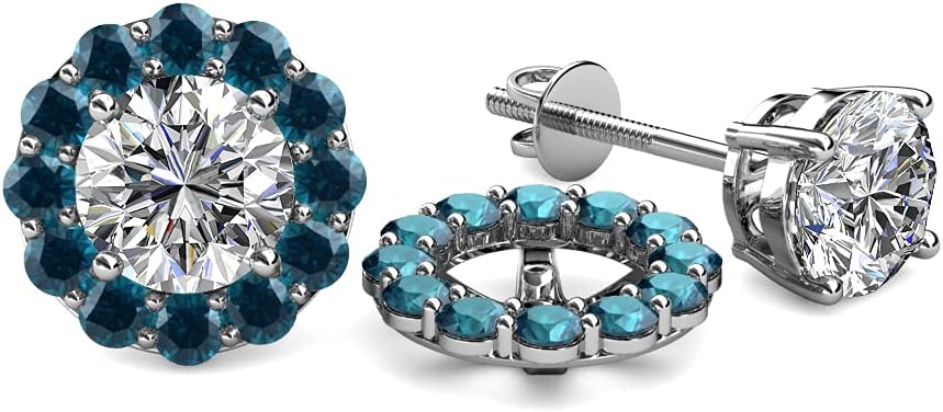 Blue Diamond Halo Jacket for Stud Earrings 0.72 ctw 14K White Gold