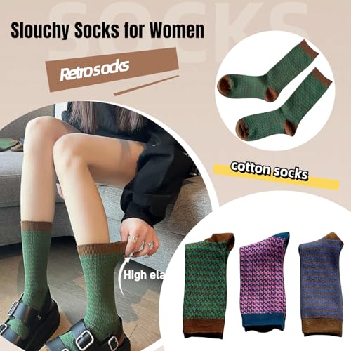Image of Women Retro Colorful Socks, 3Pairs Slouchy Tube Quarter Crew Socks for Women Patterned Fall Knit Cotton Cute, Vintage, Fashion Size 5-9