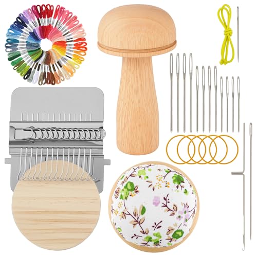 PHOXPH Mini Darning Loom Kit Mushroom Knit Patch Kit PatchMaker Mending Tool with 50 Colors Yarn 14 Hooks Weaving Loom for Socks Jeans & Sweaters Clothes Repair Fixing Kit for Beginners