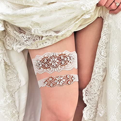 Yanstar Wedding Bridal Garter Off-White Stretch Lace Bridal Garter Sets With Rose Gold Rhinestones Clear Crystal Pearl For Wedding #TOP1