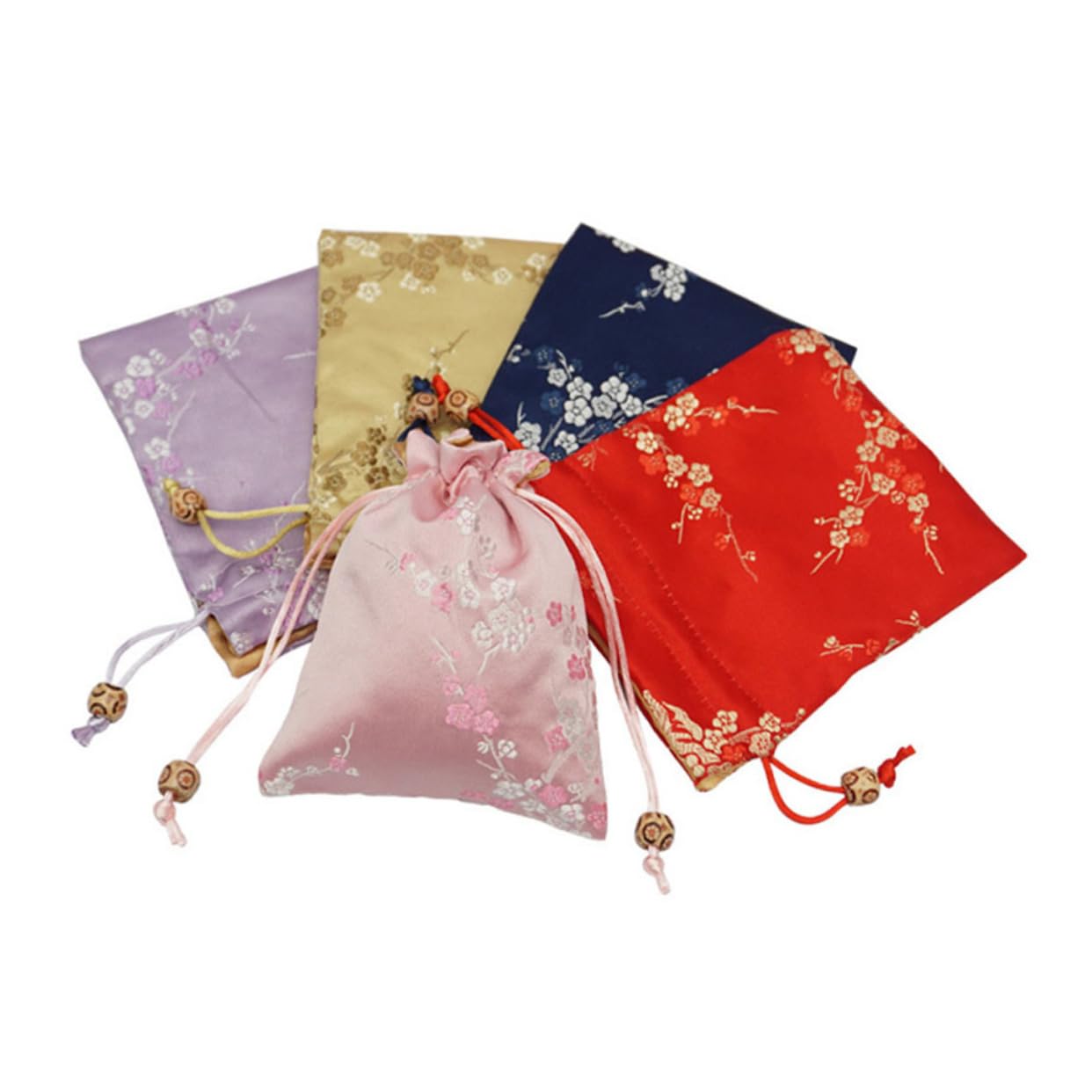 GALPADA ALPADA 5pcs Silk Brocade Jewelry Pouch, Embroidered Candy Bag Chinese Element Double Layer Drawstring Bag Storage Pouches Purse Bag