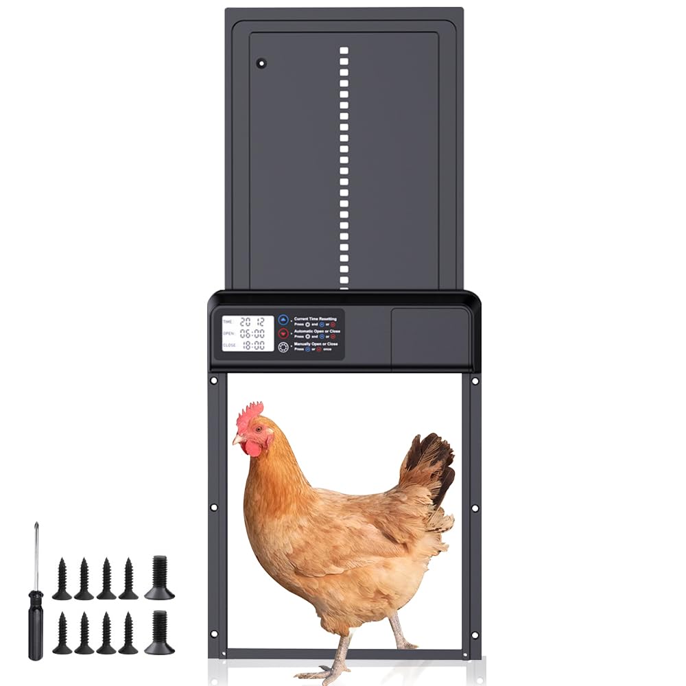 Porta Automatica Pollaio Batteria, Porta Pollaio Automatica In Lega Di Alluminio, Porta Automatica per Pollaio con Ampio Display Impermeabile, Timer, Funzione Anti-Trappola, Avviso Batteria