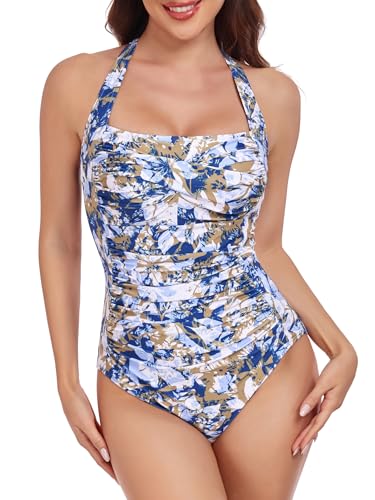 Image of Smismivo Tummy Control Swimwear Halter One Piece Slimming Vintage Retro Swimsuit Womens Ruched Push Up Bathing Suit
