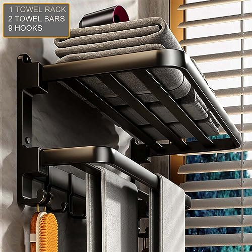 yariwiz (1 Pack) Matte Black Towel Rack Wall Mounted No Drill and Screw Mounting, Bathroom Bath Shower Length 24 inch Double Towel Rod with Shelf Hotel Towel Rack B0502-MB