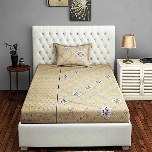 Image of Swayam Roto Cotton Single Bedsheet with 1 Pillow Cover | Size 60 x 90 inch | 144 TC | Floral Design | Soft Breathable Bed Sheet | Comfortable & Durable for Bedroom - Beige