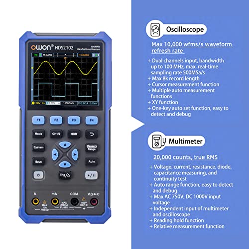 Image of OWON HDS2102 2CH Handheld Oscilloscope 100MHz Bandwidth 20000 Counts Multiumeter OSC + DMM