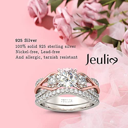 Jeulia Two Tone Rings For Women Rose Gold Three Stone Round Cut Engagement Rings Sterling Silver Halo Bridal Ring Set Anniversary Promise Wedding Ring With Jewelry Gift Box (6) #TOP6