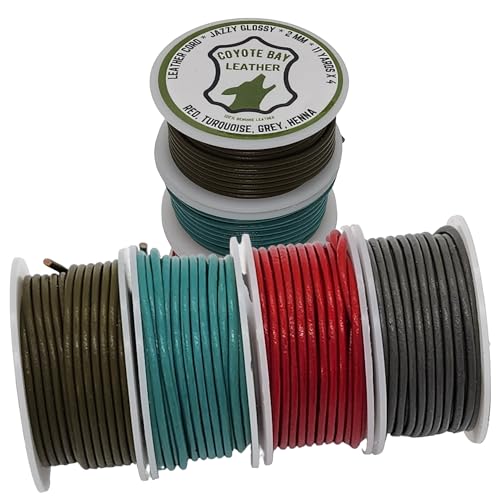 Coyote Bay® Genuine Leather Cord in 4 Glossy Colors, 44 Yards Total Length, 1.5mm and 2mm Thickness, for Jewelry Making, Crafts, Furniture, and Hobby Projects (2 mm)