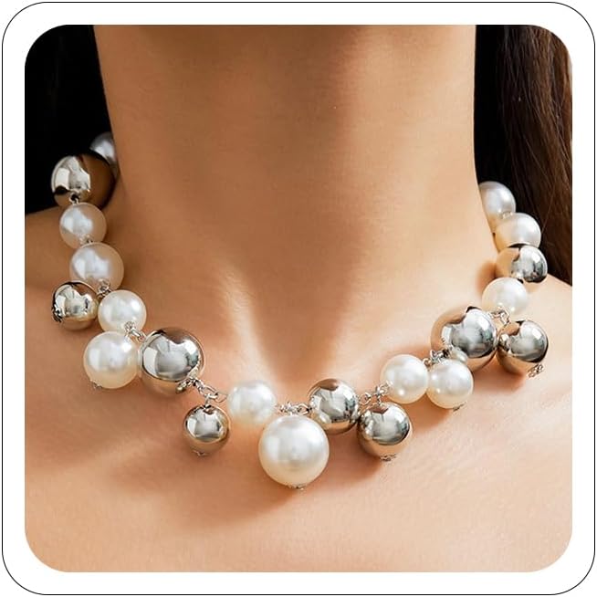 Large Pearl Necklace for Women,Dainty Gold Big Pearl Choker Necklace for Prom Wedding Bridal Bridesmaid Jewelry Gifts (Chunky Silver)