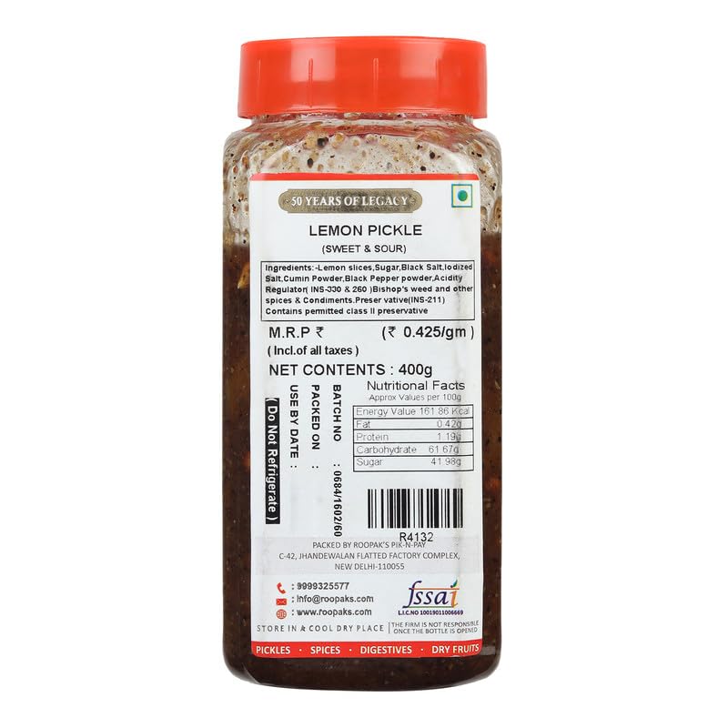 ROOPAK'S PIK-N-PAY Lemon Home Made Organic Sweet And Sour Lemon Pickle Tasting Bitter & Sweet At The Same Time (Sweet & Sour) 400 g 1