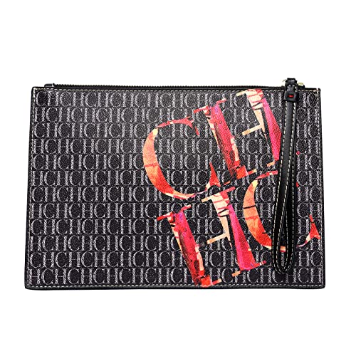 محفظة يد صغيرة من الجلد للنساء من سي اتش سي اتش بتصميم ناعم مع حزام وسحاب ذهبي (اسود)