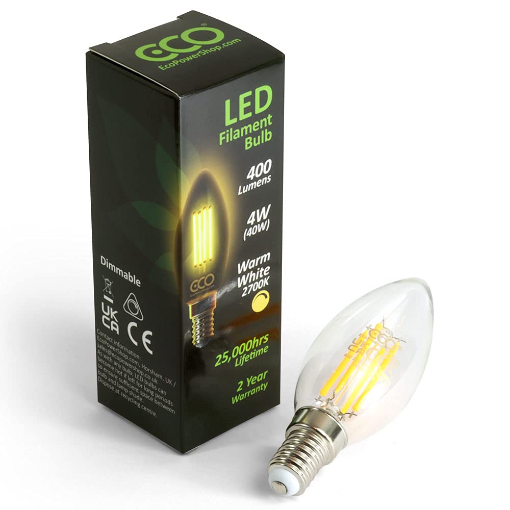 ECO Lampadina a candela dimmerabile a risparmio energetico da 40 W, con filamenti LED in stile vintage a bassa potenza, 400 lumen, attacco a vite piccolo E14, durata 25000 ore. (confezione da 12)