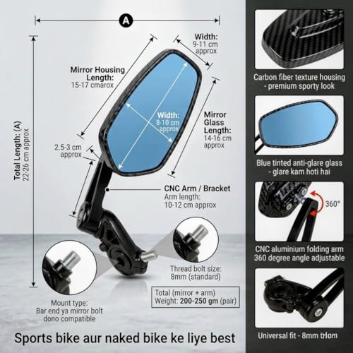 Image of Universal Motorcycle Bar End Rear View Mirror Set of 2, Blue Anti Glare Side Mirrors with Carbon Fiber Look Housing, Adjustable Foldable Bike Mirror for Motorcycle and Sports Bike