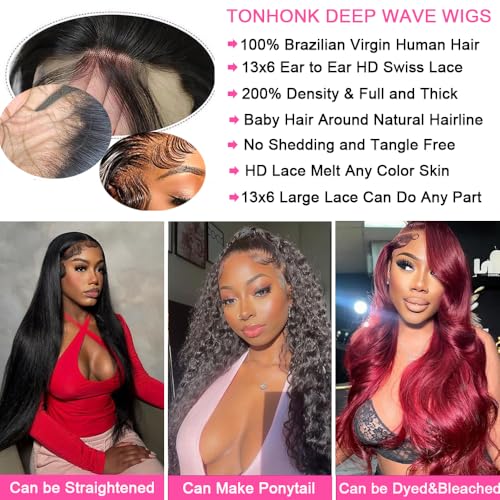 Image of 20 Inch Deep Wave Lace Front Wigs Human Hair 200 Density 13x6 HD Lace Frontal Wigs Human Hair Pre Plucked Deep Curly Glueless Wigs Human Hair with Baby Hair Curly Wigs for Women Natural Color
