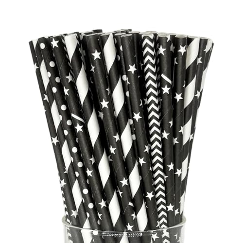 FsLvniu 200 Black Straws, Biodegradable Black and White Paper Striped Straws for Birthdays, Coffee, Cocktail, Lemonade, DIY Decorations, Party Supplies, Weddings, New Year, Halloween, Christmas