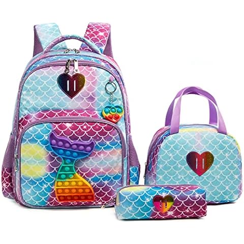Egchescebo Girls Mermaid Toy backpack School Bookbag for Girls Kids Bling Elementary Backpacks 17" 3PCS Toddler with Lunch Box Girls Bookbag Unicorn Bags Blue Cover