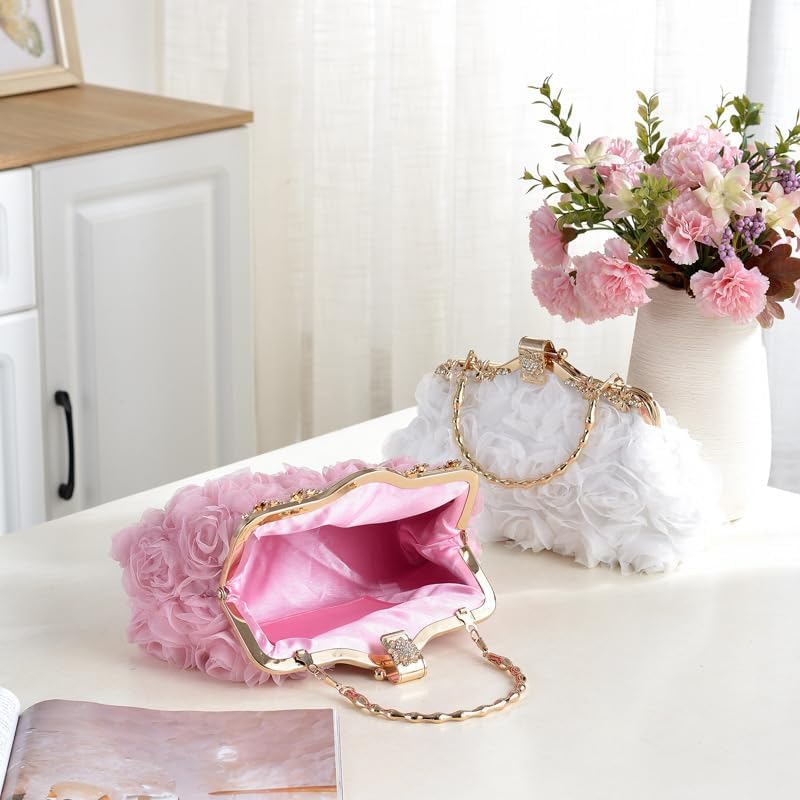 Floral Lace Evening Clutch Purse, Rose Wedding Handbag with Chain Strap, Bridesmaid Dress Bag