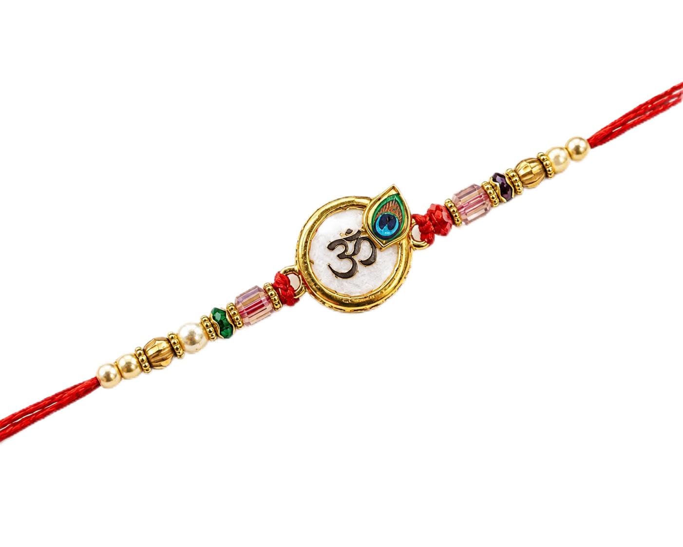 Om Pearl and Crystal Rakhi in Red Thread with Kumkum Chawal For Rakshabandhan (pack of 1)-image-33