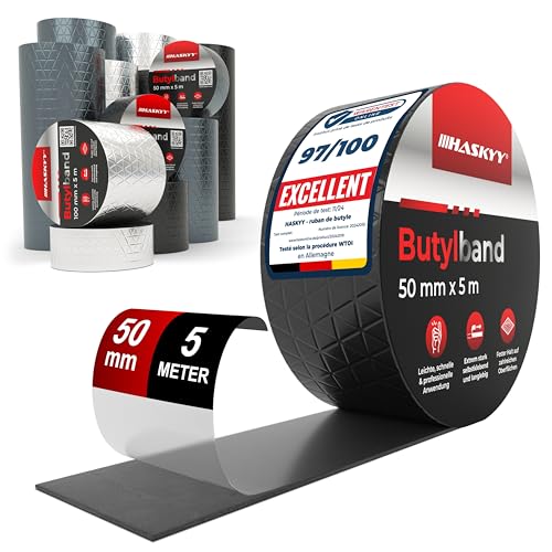 HASKYY Ruban d'étanchéité en butyle 50mm x 5m Adhésif Bande en Étanche en caoutchouc butyle en aluminium - Imperméables de Réparation - résistant au...
