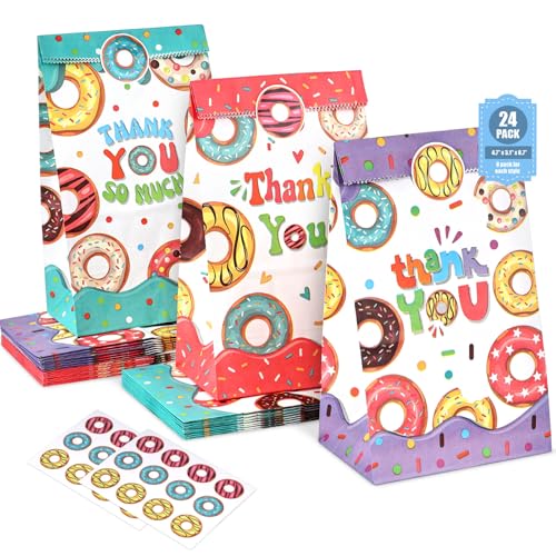 VGOODALL 24PCS Donut Party Favor Bags, Paper Gift Bags Goodie Bags with Stickers Candy Bags for Kids Birthday Party