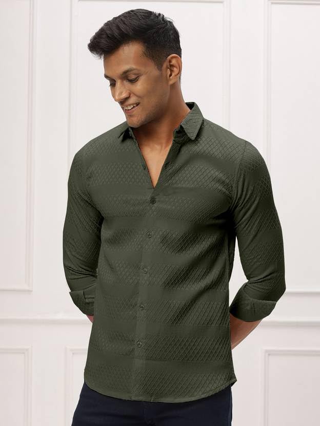 Image of Men's Polycotton Casual Textured Button Down Regular Fit Shirts Long Sleeve Shirt