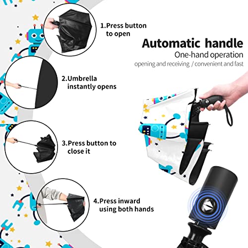 Qweuiop Travel Umbrella Cartoon Cute Robots Windproof Compact Folding Automatic Umbrella For Women And Men #TOP3