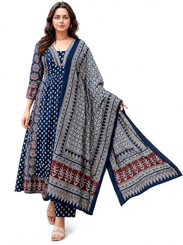 Image of ASSUME FAB Women's Blue Viscose Ajrakh Print Anarkali Kurta with Pant & Dupatta Set | Ethnic V-Neck Flared Salwar Suit for Wedding