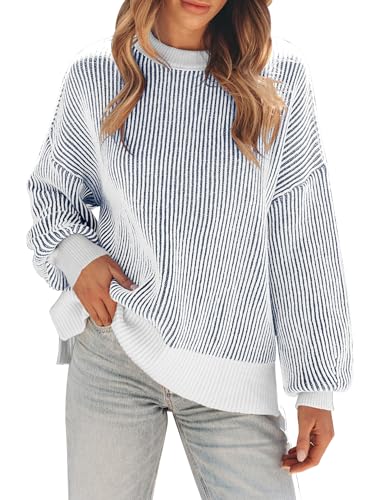 Image of Womens Sweaters Fall 2026 Clothes Oversized Striped Knit Top Winter Outfits | ETCYY Long Sleeve Colorblock Pullover Tops,Fall Sweaters For Women Trendy,Casual Work Office,Cream,Cute Oversized Sweater