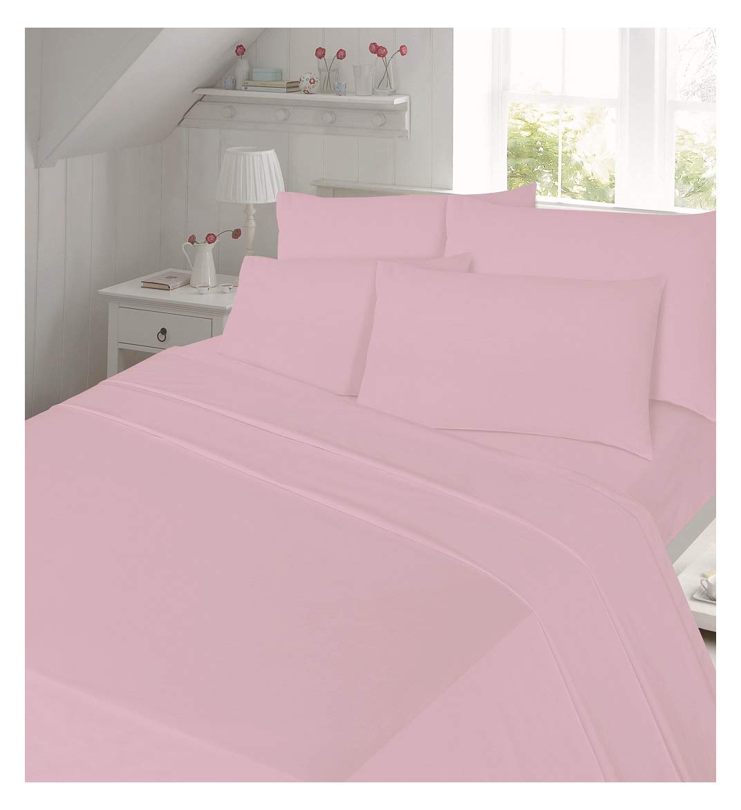 100% Brushed Cotton Pink Flannelette Flat Sheet, Soft Quality Flat Sheet with Matching Pillowcases - King, Pink