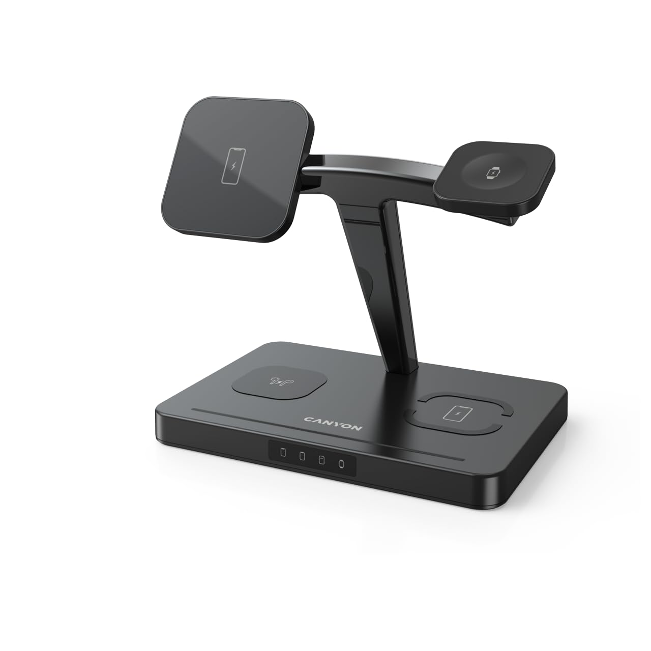 CANYON WS-404 - Stazione di ricarica wireless 4 in 1, 15 W, caricatore rapido per 2 smartphone, Apple Watch e auricolari Qi, modulo di ricarica magnetico, design a supporto, adattatore QC36W incluso