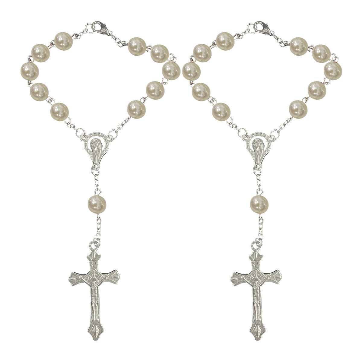 2PCS Car Rosary for Rearview Mirror, White Rosary Pendant Car Interior Rear View Mirror Charm Auto Decors, Car Medal and Cross Personalized Hanging Accessories for Women Men (White)