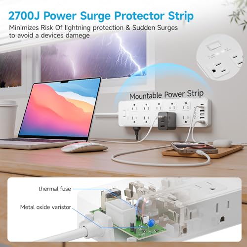 Image of Power Strip Surge Protector Flat Plug with 20 AC Outlets 6 USB Chagring Ports, 1875W /15A, 2700J, 10 Ft Heavy Duty Extension Cord for Home, Office, Dorm, Gaming,ETL Listed (White, 10FT)