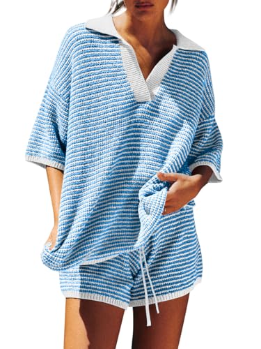 Image of Tankaneo Womens Sweater Set 2 Piece Outfits Oversized 3 /4 Sleeve V Neck Knit Tops High Waisted Shorts Lounge Sets