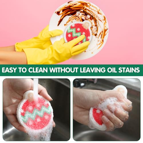 Image of Layhit 12 Pcs Christmas Dish Sponges Cute Kitchen Non Scratch Scrub Sink Sponges Wood Pulp Reusable Household Cleaning Cloth for Kitchen Dishes Furniture(Christmas Balls)